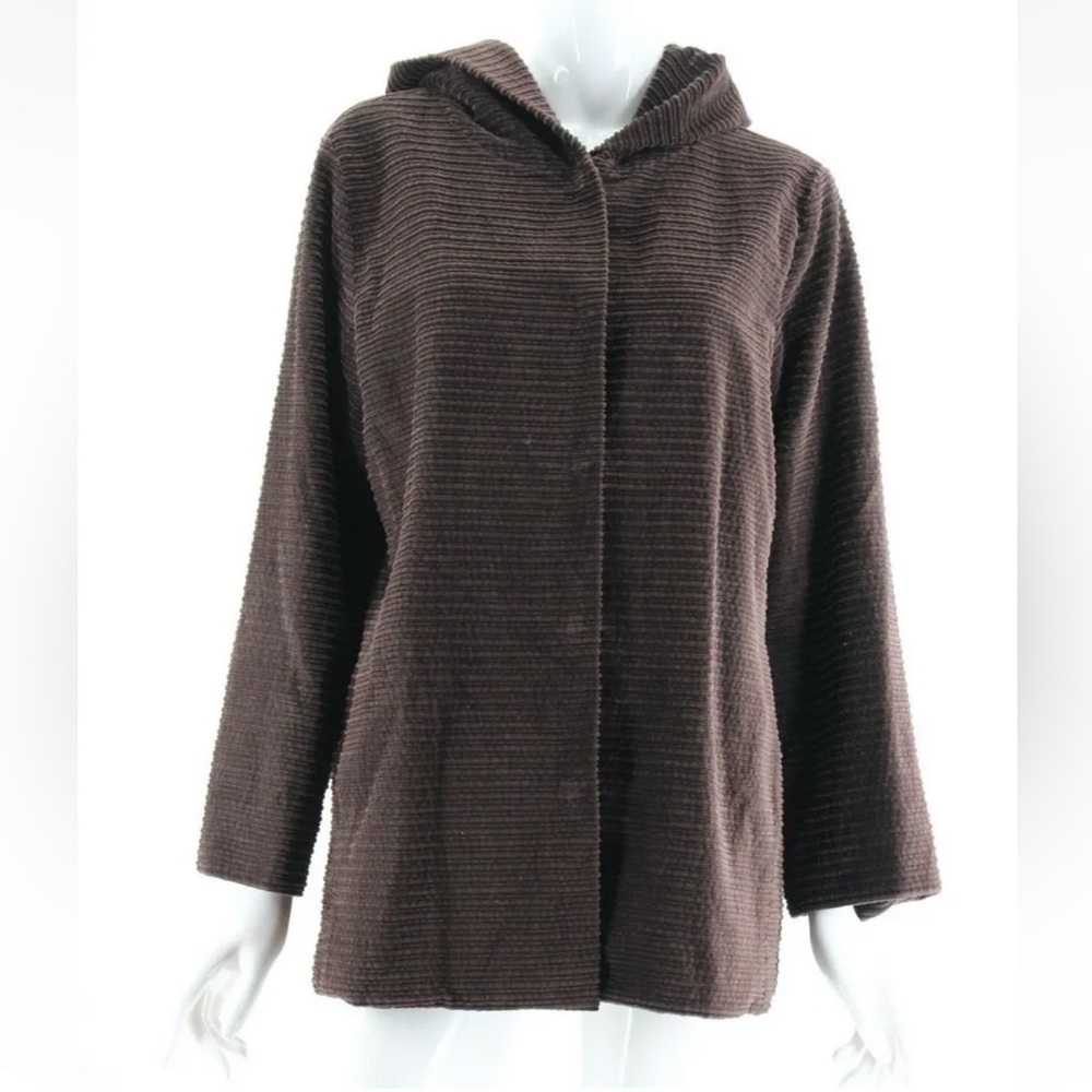 Eileen Fisher Brown Corduroy Hooded Button Snap Jacket Size PM